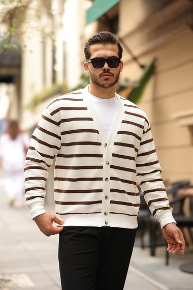 Oversize Çizgili Düğmeli Erkek Hırka - Kahve - fotoğraf 5