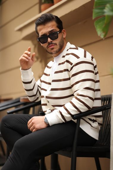 Oversize Çizgili Düğmeli Erkek Hırka - Kahve - fotoğraf 3