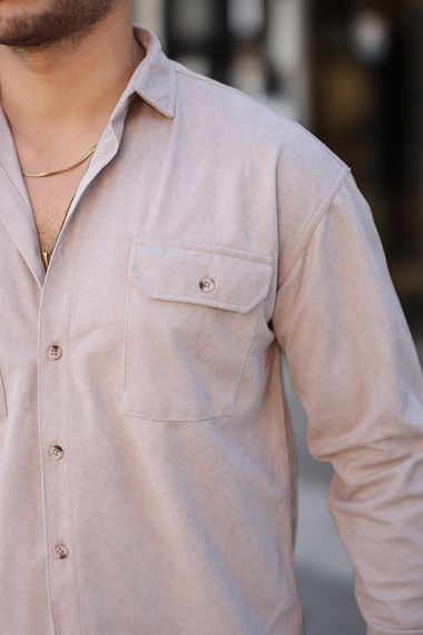 Двок pocket oversize чоловіча оксамитова сорочка - бежевий - фото 3