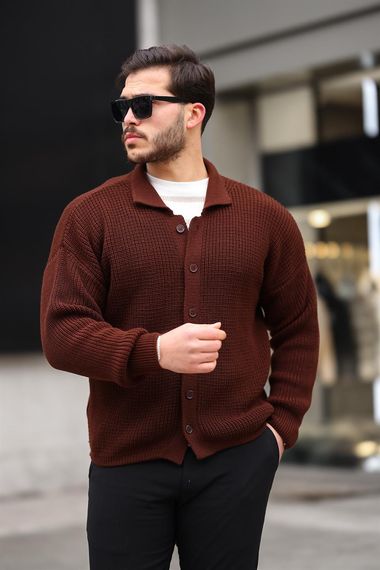 Оверсайз мужская кардиган с пуговицами, кашемир, тёмно-коричневый, стильный и тёплый для холодной погоды - фото 1
