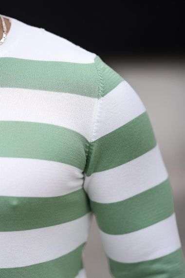 Örme Çizgili Bisiklet Yaka İnce Triko Erkek Kazak - Yesil - photo 2