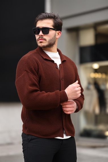Оверсайз мужская кардиган с пуговицами, кашемир, тёмно-коричневый, стильный и тёплый для холодной погоды - фото 4