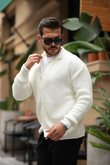 Oversize Selanik Örgü Düğmeli Erkek Hırka- Ekru - fotoğraf 3