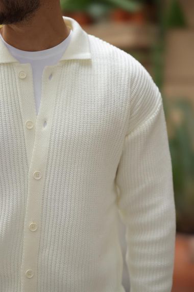 Oversize Selanik Örgü Düğmeli Erkek Hırka- Ekru - fotoğraf 2