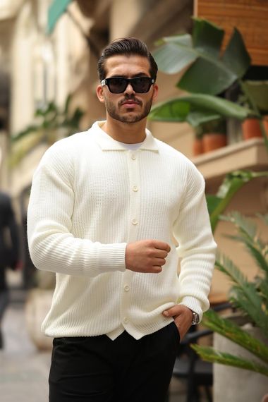 Oversize Selanik Örgü Düğmeli Erkek Hırka- Ekru - fotoğraf 1