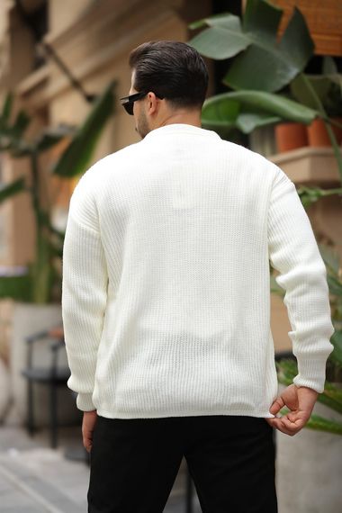 Oversize Selanik Örgü Düğmeli Erkek Hırka- Ekru - fotoğraf 4