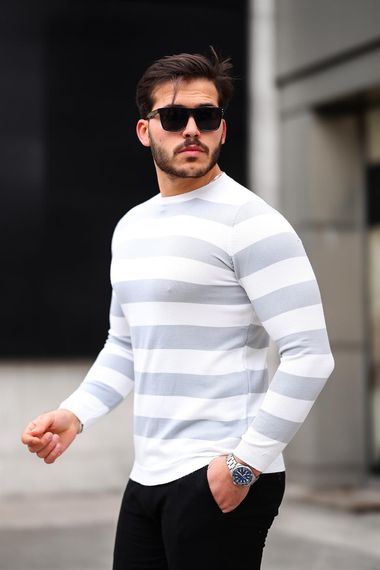 Örme Çizgili Bisiklet Yaka İnce Triko Erkek Kazak - Gri - photo 1