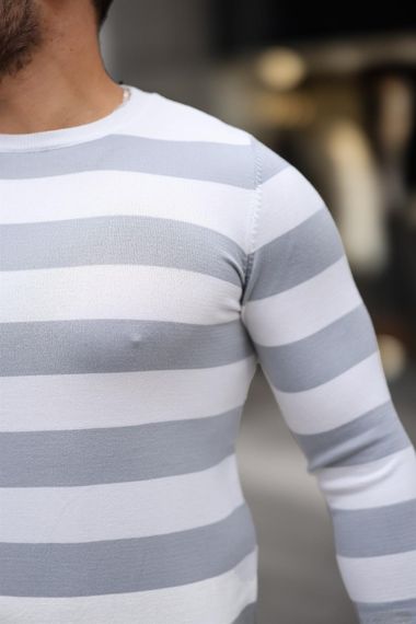 Örme Çizgili Bisiklet Yaka İnce Triko Erkek Kazak - Gri - photo 2