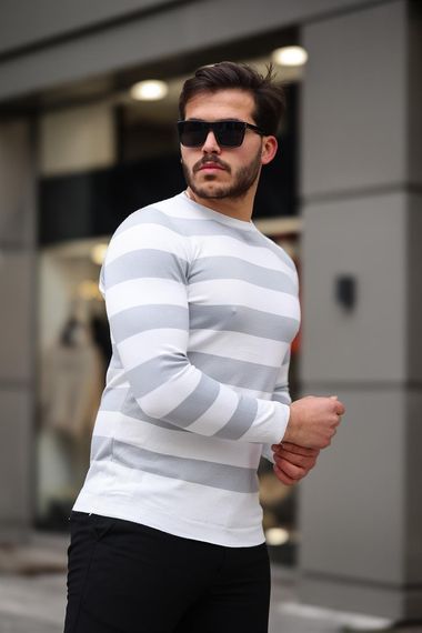 Örme Çizgili Bisiklet Yaka İnce Triko Erkek Kazak - Gri - photo 5