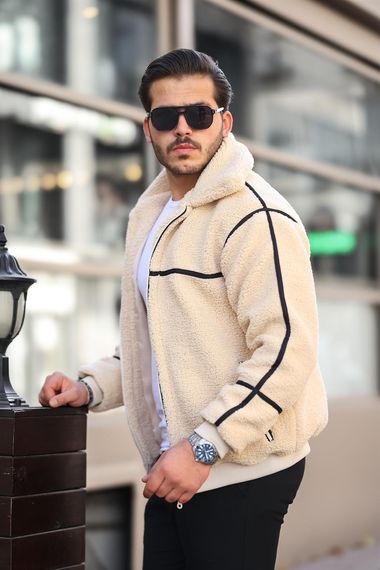 İçi Astarlı Şerit Detaylı Peluş Mont - Ekru - photo 2