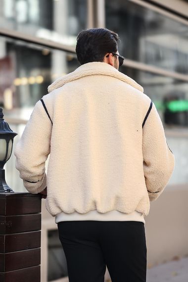 İçi Astarlı Şerit Detaylı Peluş Mont - Ekru - photo 4