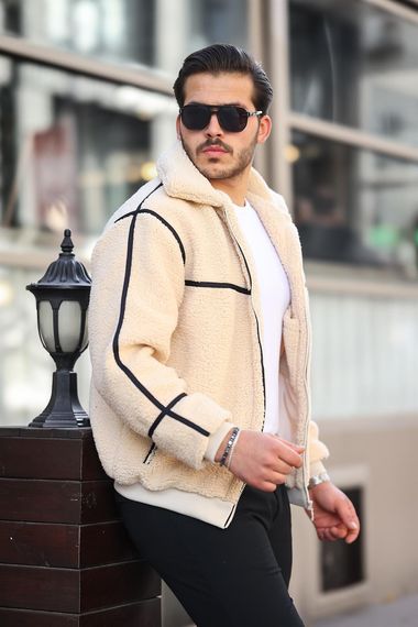 İçi Astarlı Şerit Detaylı Peluş Mont - Ekru - photo 3