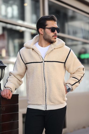 İçi Astarlı Şerit Detaylı Peluş Mont - Ekru - photo 1