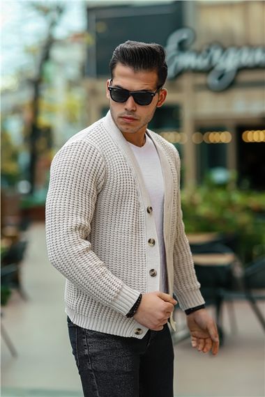 Nopenli Fitil Örgü Düğmeli Hırka - Ekru - photo 2