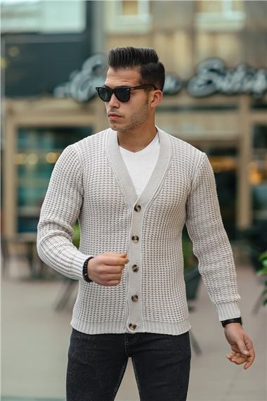 Nopenli Fitil Örgü Düğmeli Hırka - Ekru - photo 1