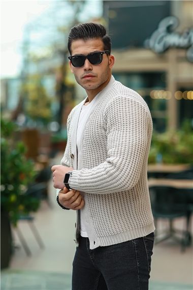 Nopenli Fitil Örgü Düğmeli Hırka - Ekru - photo 3