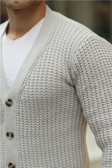 Nopenli Fitil Örgü Düğmeli Hırka - Ekru - photo 4