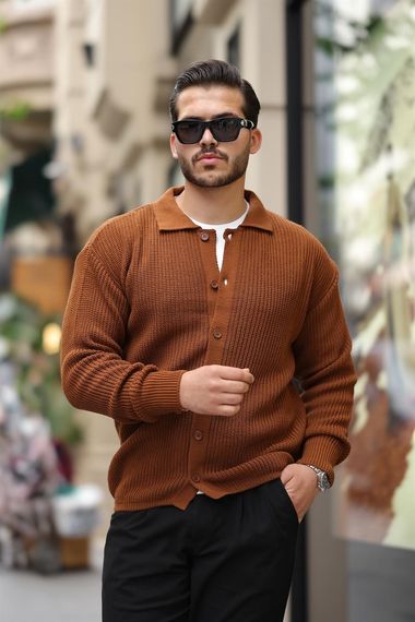 Oversize Selanik Örgü Düğmeli Erkek Hırka- Kahve - photo 1