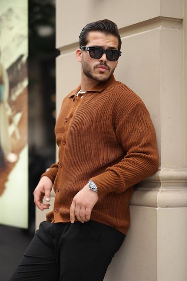 Oversize Selanik Örgü Düğmeli Erkek Hırka- Kahve - photo 2