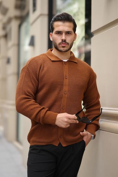 Oversize Selanik Örgü Düğmeli Erkek Hırka- Kahve - photo 5