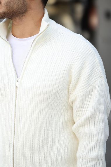 Oversize Selanik Örme Fermuarlı Erkek Hırka- Ekru - fotoğraf 2