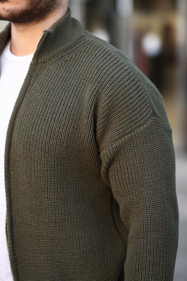 Oversize Selanik Örme Fermuarlı Erkek Hırka- Haki - photo 2