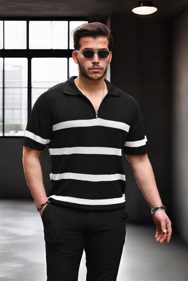 Yarım Fermuar Çizgili Oversize Triko T-Shirt - Siyah - fotoğraf 1