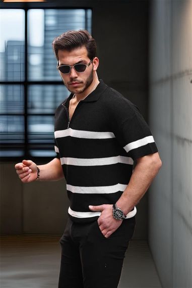 Yarım Fermuar Çizgili Oversize Triko T-Shirt - Siyah - fotoğraf 3