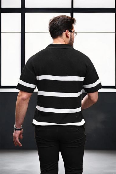 Yarım Fermuar Çizgili Oversize Triko T-Shirt - Siyah - fotoğraf 4