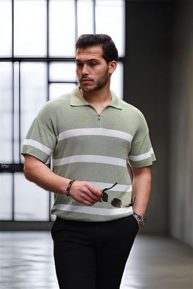 Yarım Fermuar Çizgili Oversize Triko T-Shirt - Yeşil - fotoğraf 3