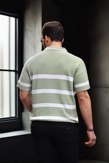Yarım Fermuar Çizgili Oversize Triko T-Shirt - Yeşil - fotoğraf 4