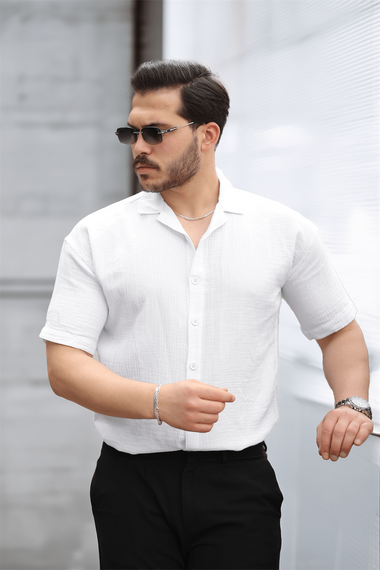 Yarım Oversize Apaş Yaka Kısa Kol Müslin Kumaş Erkek Gömlek - Beyaz - фото 2