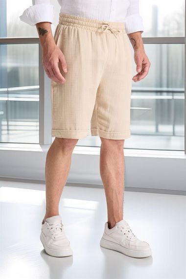 Duble Paça Müslin Kumaş Şort - Açık Bej - fotoğraf 1