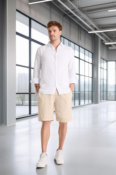 Duble Paça Müslin Kumaş Şort - Açık Bej - fotoğraf 4