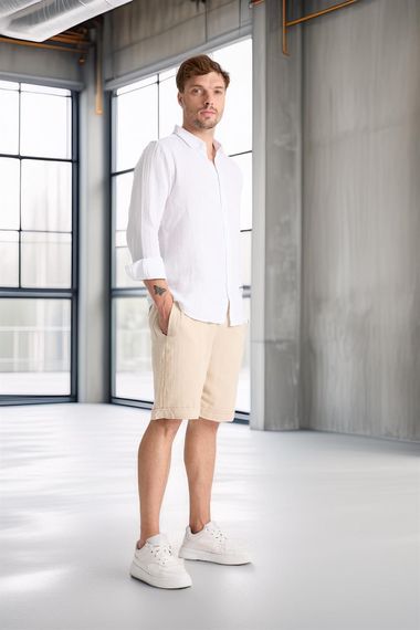 Duble Paça Müslin Kumaş Şort - Açık Bej - fotoğraf 3