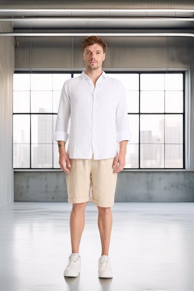 Duble Paça Müslin Kumaş Şort - Açık Bej - fotoğraf 5