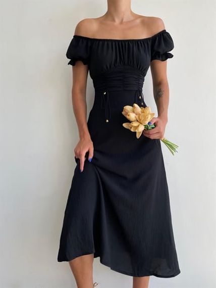 Черное платье макси с завязками и объемными рукавами - фото 1