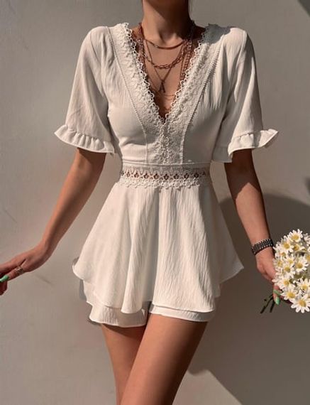 Белое комбинезонное платье с открытой спиной и вышивкой - фото 2