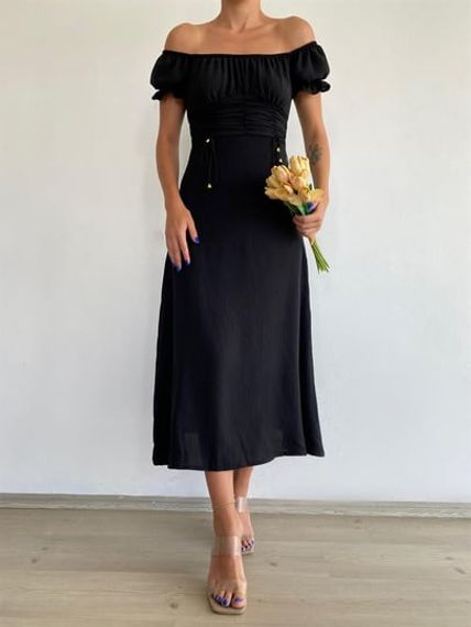 Черное платье макси с завязками и объемными рукавами - фото 2