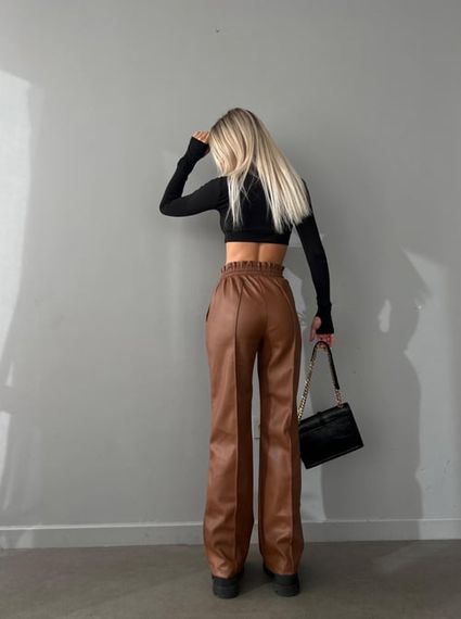 Pulled Waist Front Seam Leather Brown Trousers - photo 3