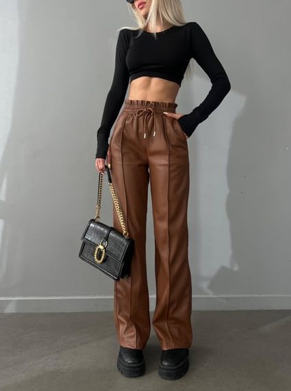 Pulled Waist Front Seam Leather Brown Trousers - photo 2