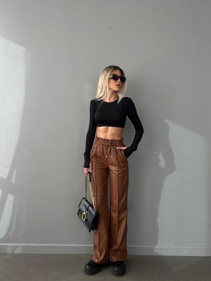 Pulled Waist Front Seam Leather Brown Trousers - photo 1