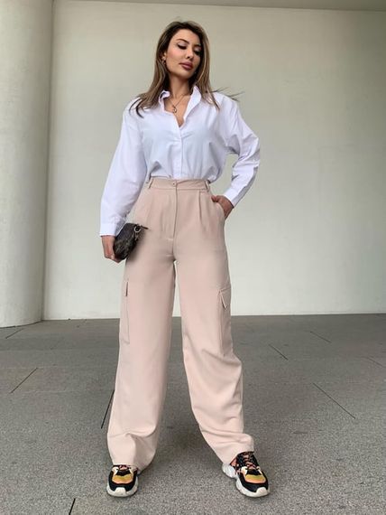 Palazzo Nude Trousers with Cargo Pocket Detail