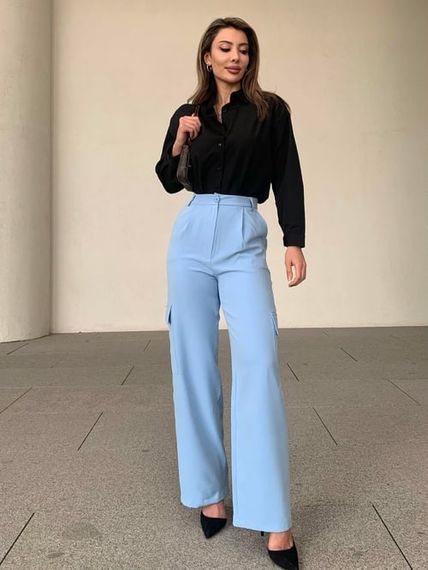 Palazzo Blue Trousers with Cargo Pocket Detail