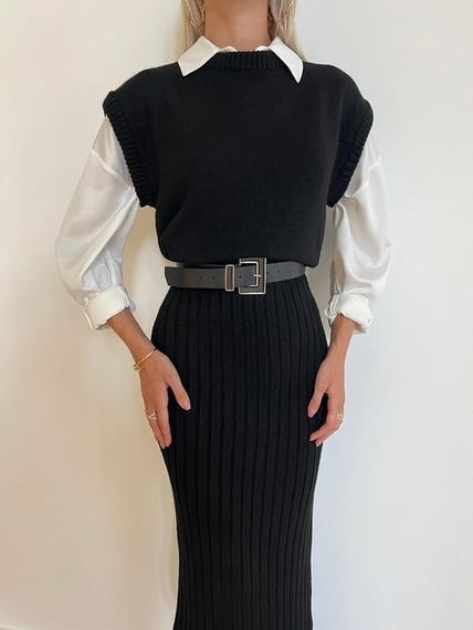 Half Turtleneck Sweater High Waist Skirt Black Suit - photo 1