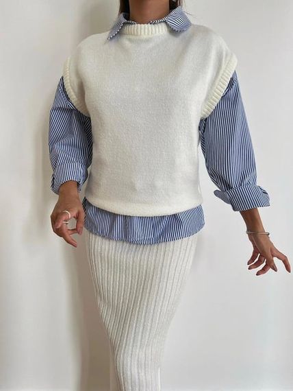 Half Turtleneck Sweater High Waist Skirt White Suit - photo 1