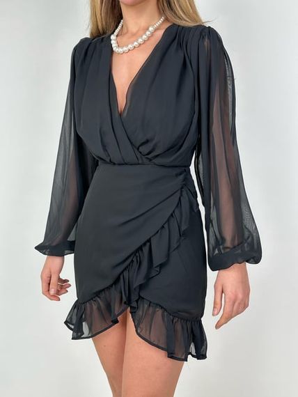 Double Breasted Neck Draped Chiffon Black Min Dress - photo 2