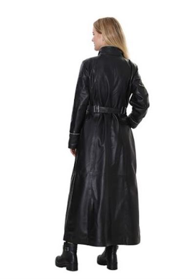 فستان نسائي كلاسيكي فاخر من الجلد الطبيعي باللون الأسود GZ-1398-19968 FA4 - صورة 4