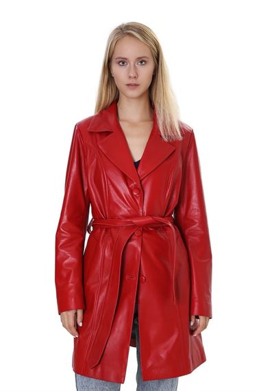 معطف كلاسيكي من الجلد الطبيعي للنساء باللون الأحمر B-590-19955 FA4 - صورة 2