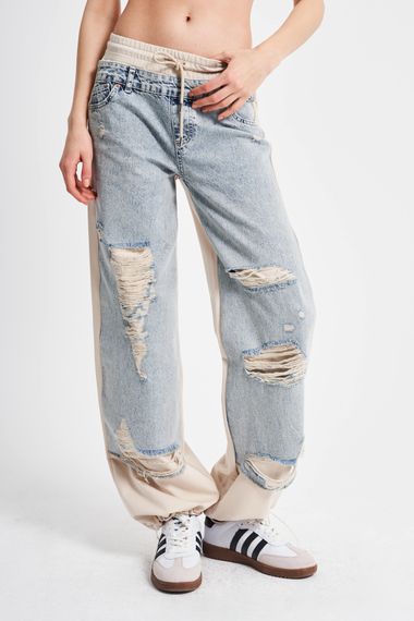 Жіночий бежевий джинсовий одяг із подвійної тканини з лазерними деталями вільного деніму - фото 1